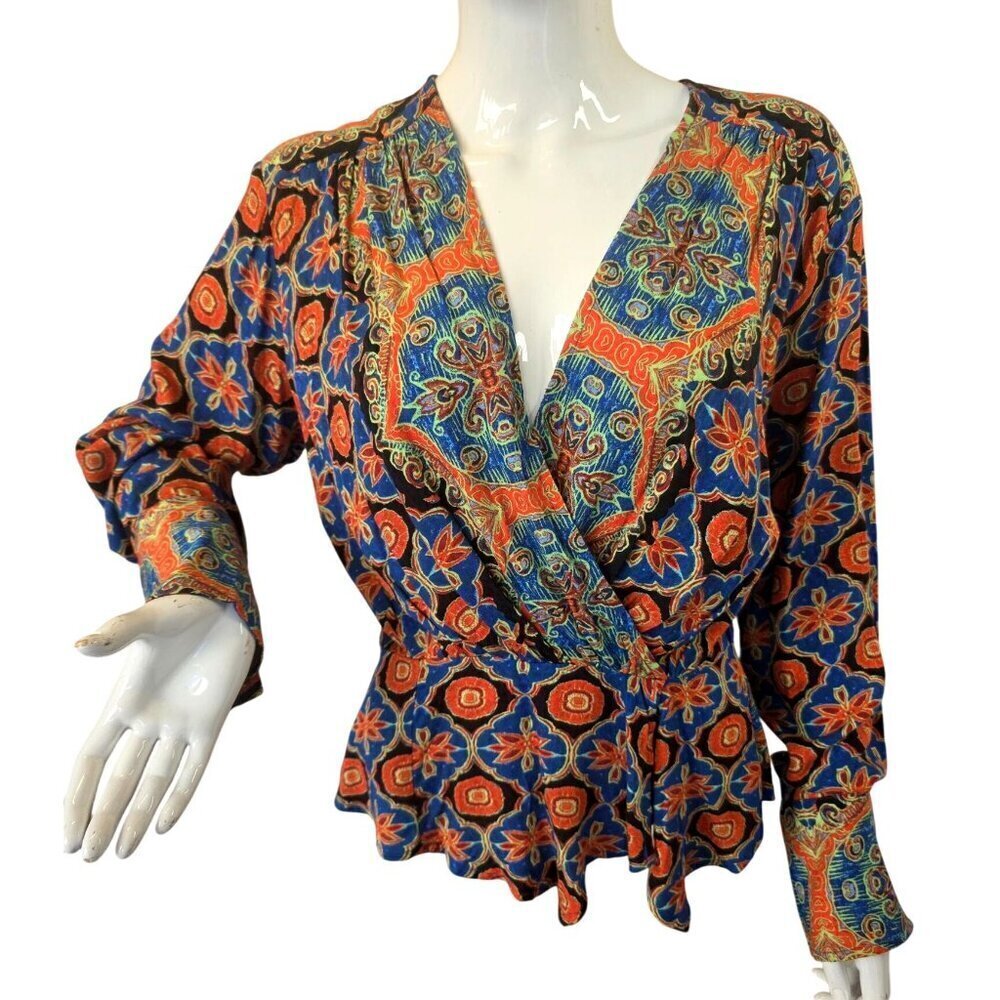 Free People Boho Floral Paisley Wrap Blouse Top Womens M Blue Red Peplum V-Neck